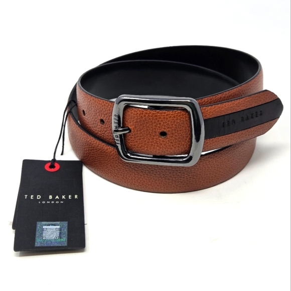 NWT TED BAKER CONTRAST DETAIL LEATHER BELT COGNAC BROWN GUNMETAL BUCKLE MEN 34 - Picture 1 of 14